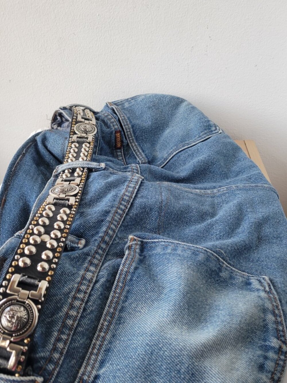 Handmade Upscaled Denim Blue Jean Crossbody Handbag w/ Black Studded Belt - Picture 7 of 16